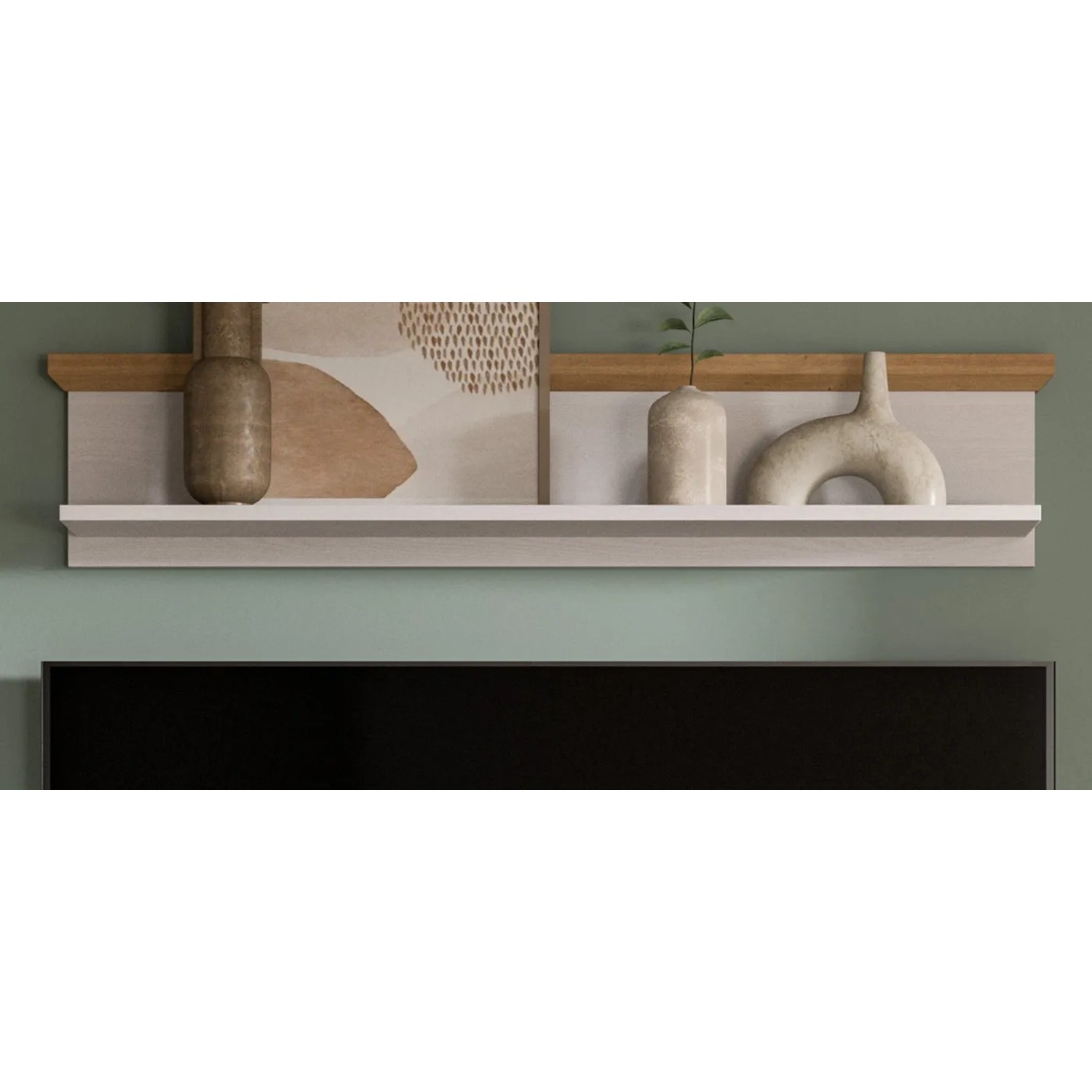 Weißes Wandboard Mirano im Landhausstil, 110 cm, mit Lärche-Dekor und Eiche-Akzenten, dekoriert über TV.