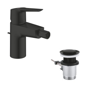 Grohe Start Bidetarmatur in Mattschwarz mit Zugstangen-Ablaufgarnitur.