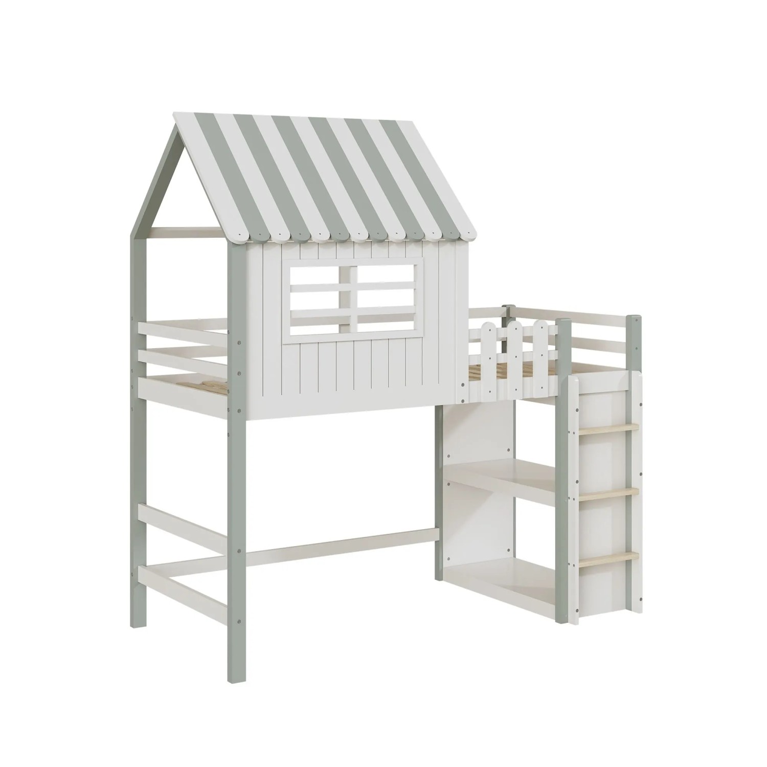 okwish Hochbett 90x200cm mit Dachform Sicherheitsleiter Kinderzimmer Grün ohne Matratze