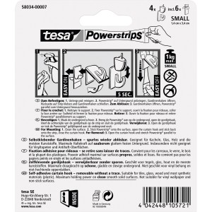 tesa Powerstrips Vario Gardinenhaken, weiß, 4 Stück, zum einfachen Anbringen von Gardinenstangen.