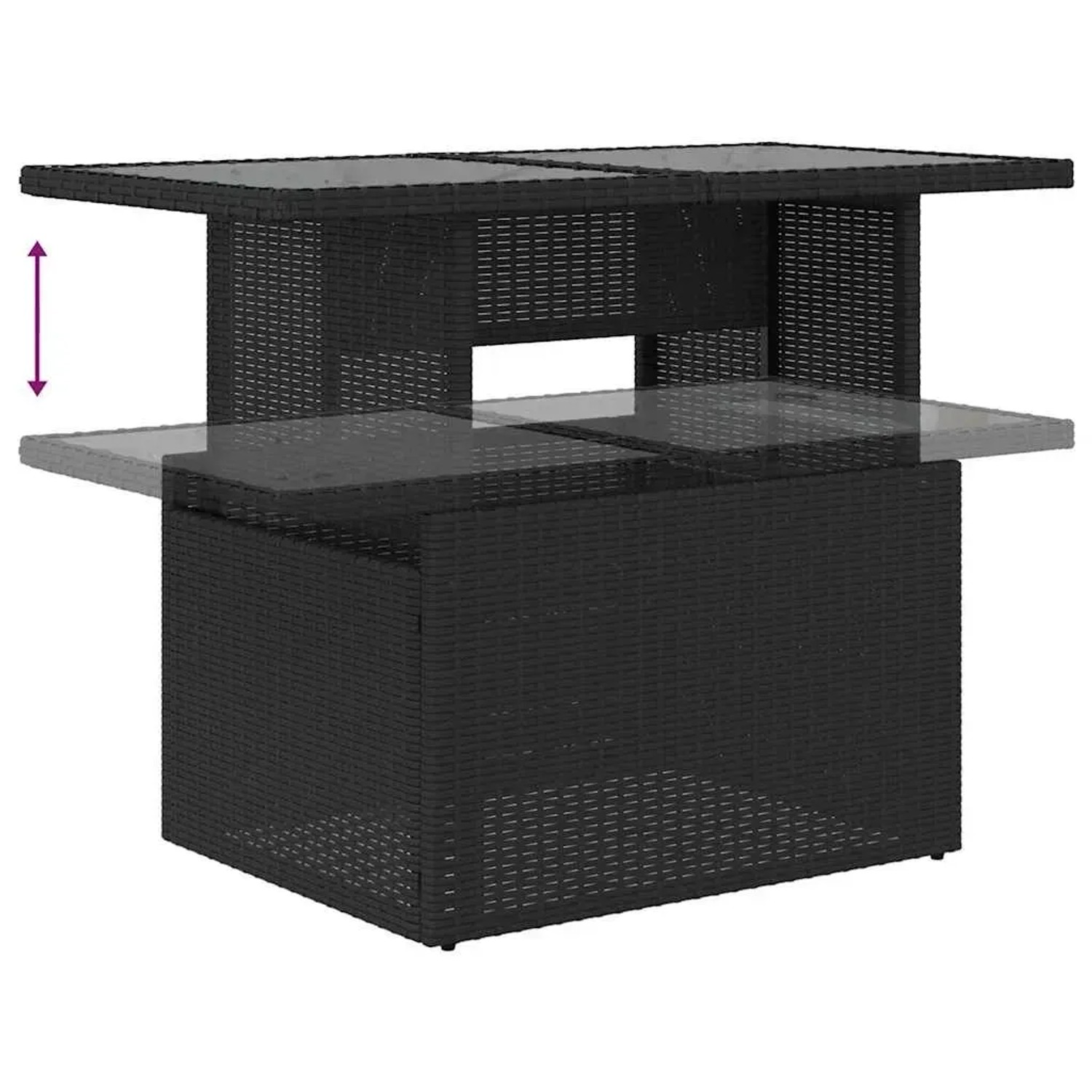 Schwarzer vidaXL Gartentisch aus Rattan mit höhenverstellbarer Tischplatte.