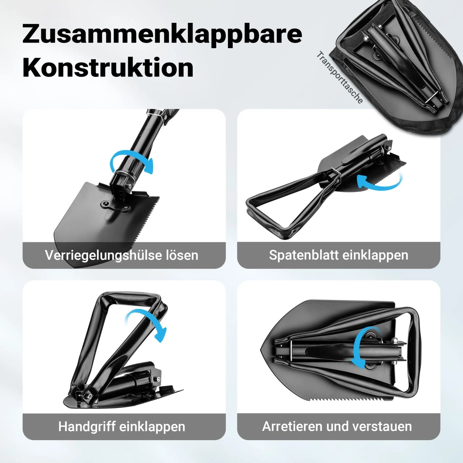 Wiltec Klappspaten 58cm: Schwarze Multifunktionsschaufel wird in vier Schritten kompakt gefaltet.