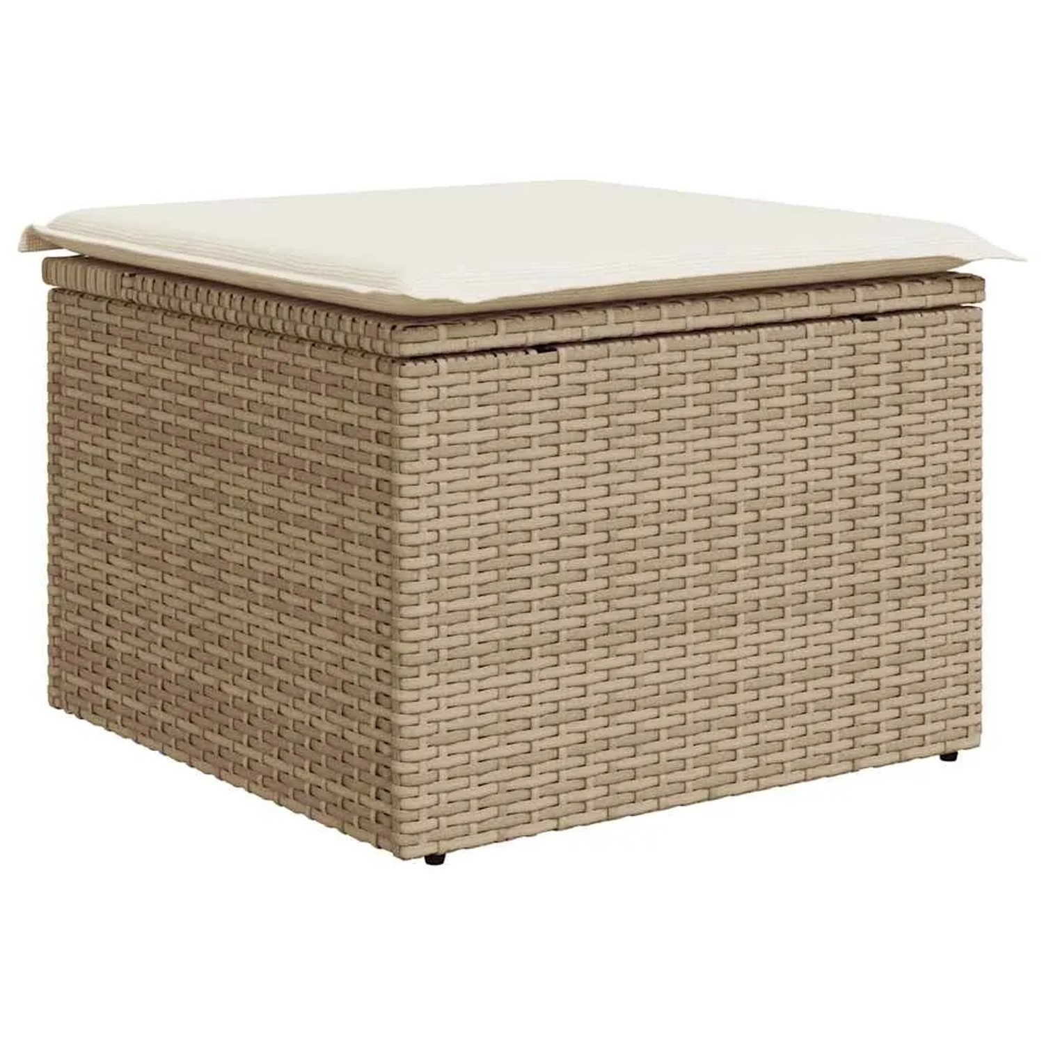Beiger Gartenmöbel-Hocker aus Polyrattan mit cremefarbenem Kissen, Teil der vidaXL Sofagarnitur.