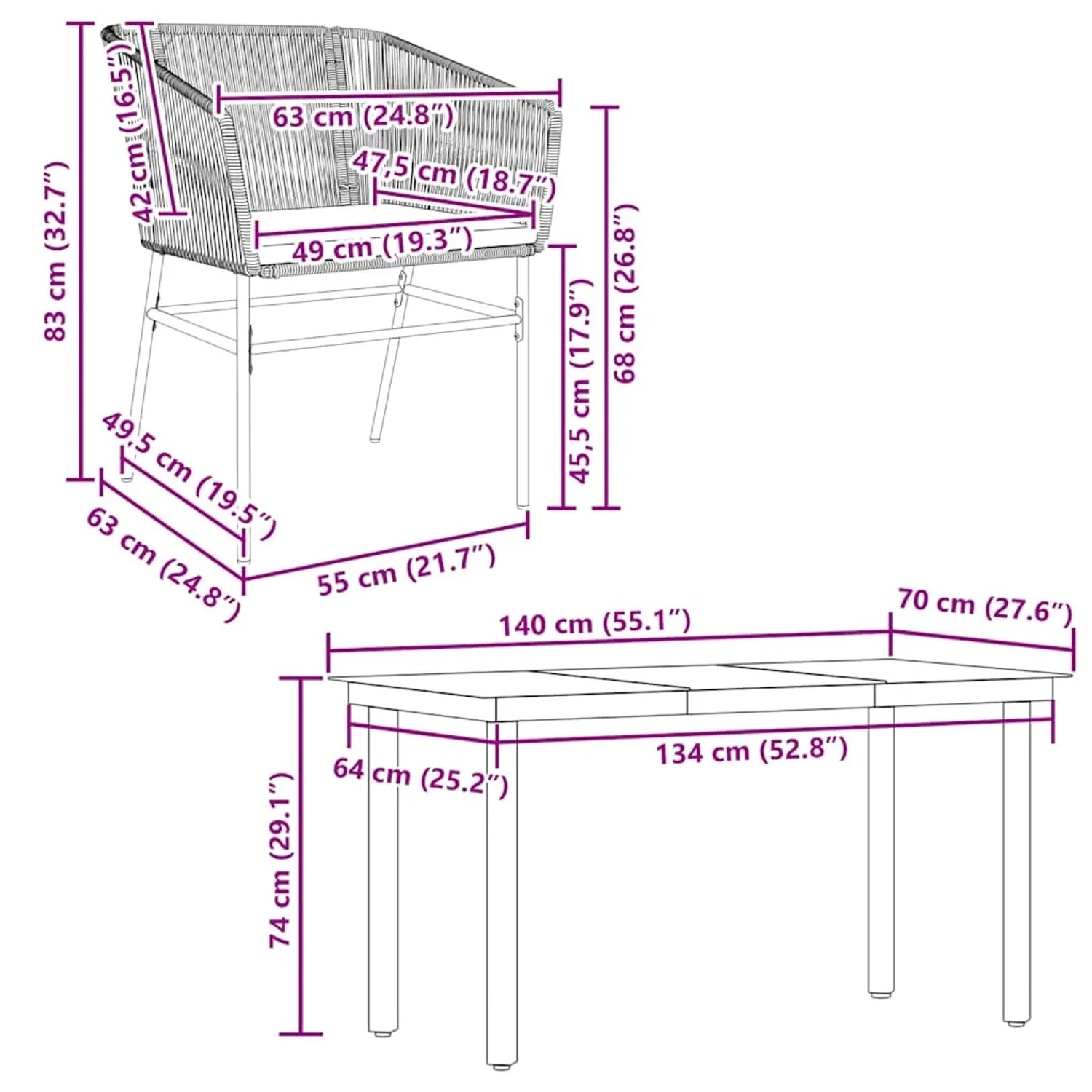 vidaXL Garten-Essgruppe, 5-teilig, schwarz, Poly Rattan, Glas, mit Maßangaben
