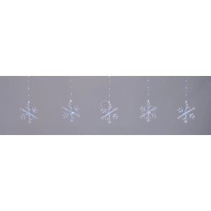 Lichtervorhang mit leuchtenden, klaren Mikro-LED Schneeflocken. Dekorative Innen-Lichterkette für festliche Stimmung.