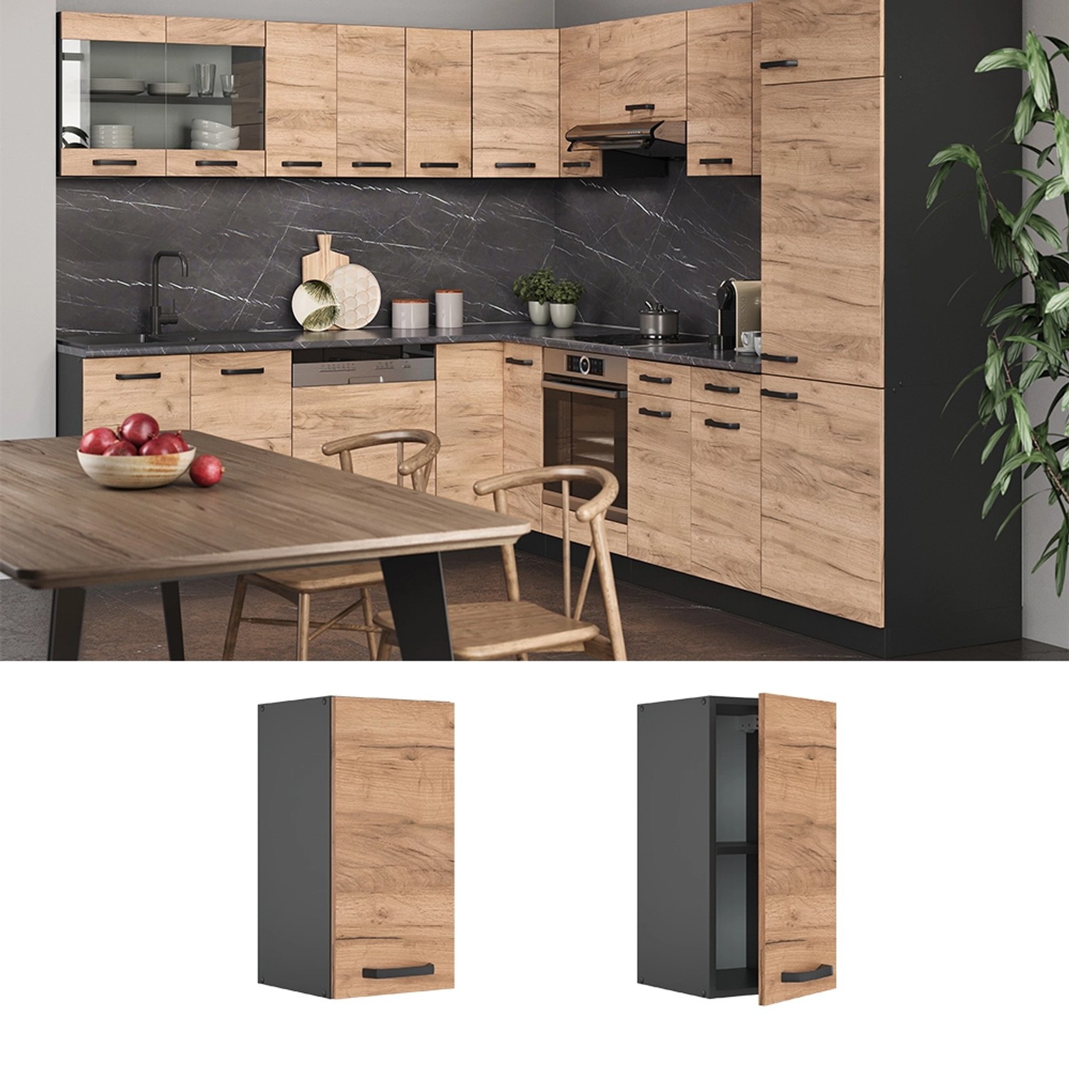 Vicco Hängeschrank R-Line, Küchenschrank in Goldkraft Eiche/Anthrazit, 30 cm breit.