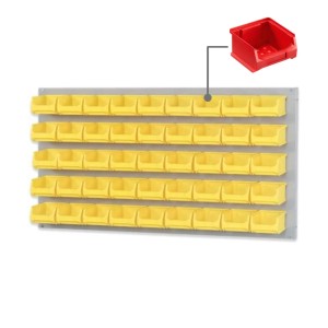 PROREGAL Trägersystem mit grauer Platte und 45 roten Sichtlagerboxen, 50x100 cm.
