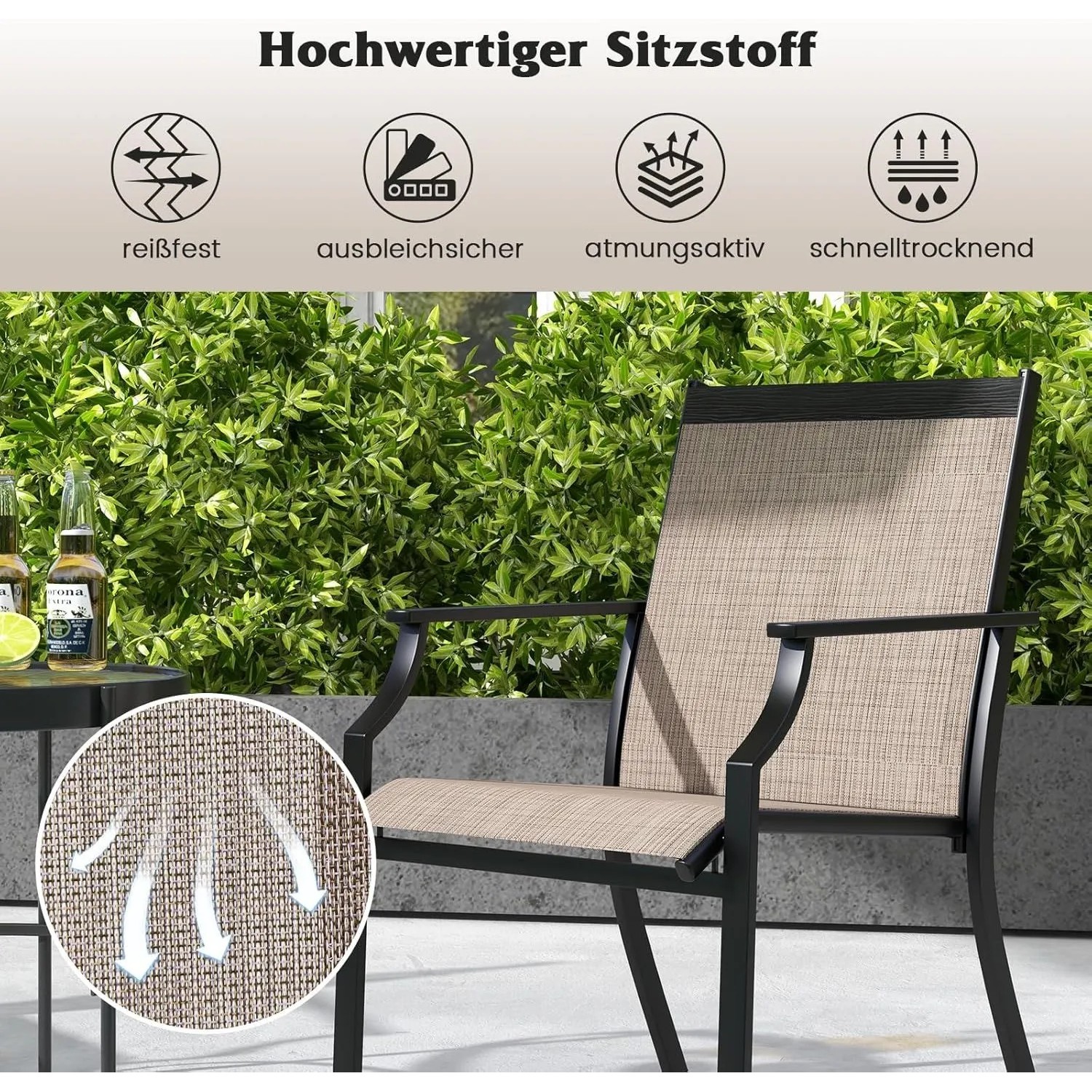 Kaffee-farbener Gartenstuhl/Terrassenstuhl mit schwarzem Metallrahmen. Der Stoff ist reißfest, ausbleichsicher, atmungsaktiv, schnelltrocknend.