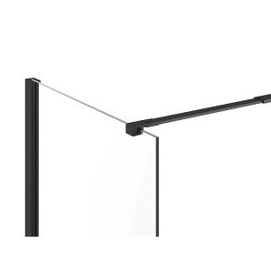 Schwarze Duschwand Daren aus Sicherheitsglas mit schwarzem Metallrahmen und Stabilisierungsstange.