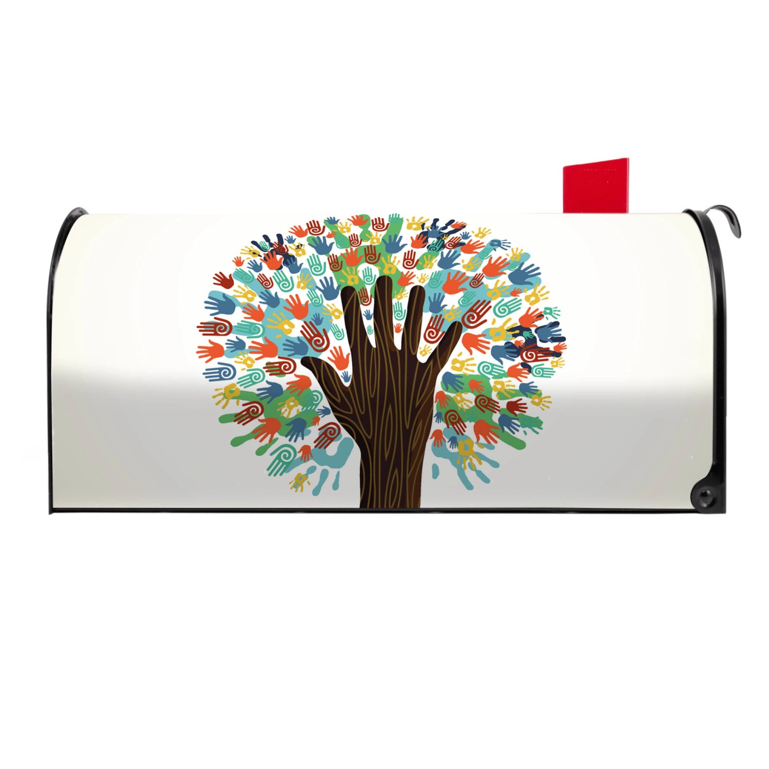 Schwarzer US Briefkasten mit Motiv 'We Are The World', Hände als Baumkrone.