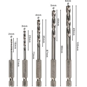 Bosch Holzbohrer-Set, 5-teilig, 2-6 mm, mit Sechskantschaft für präzises Bohren in Holz.