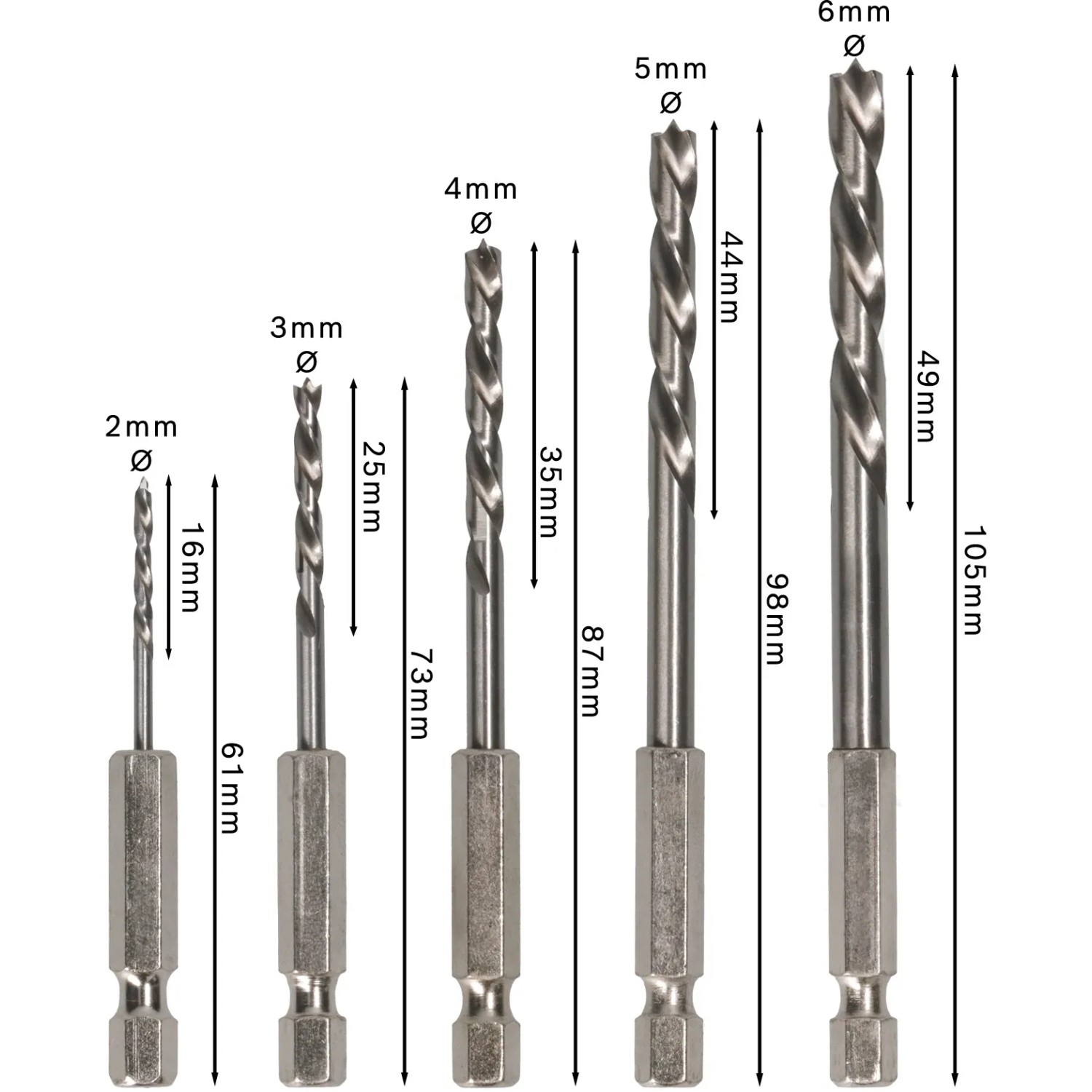 Bosch Holzbohrer-Set, 5-teilig, 2-6 mm, mit Sechskantschaft für präzises Bohren in Holz.
