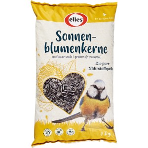 Verpackung Elles Sonnenblumenkerne 1 kg für Wildvögel, mit Blaumeise und Herz aus Kernen.