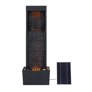 Schwarzer Teamson Home Gartenbrunnen (97 cm) mit Solarpanel und LED-Beleuchtung.