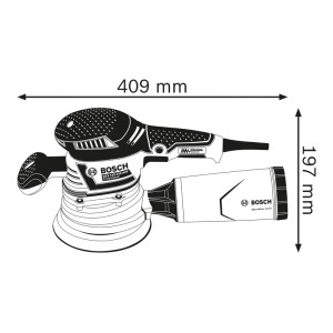 Bosch Professional Exzenterschleifer GEX 40-150 mit Schleifteller und Staubabsaugung. Maße: 409x197 mm.
