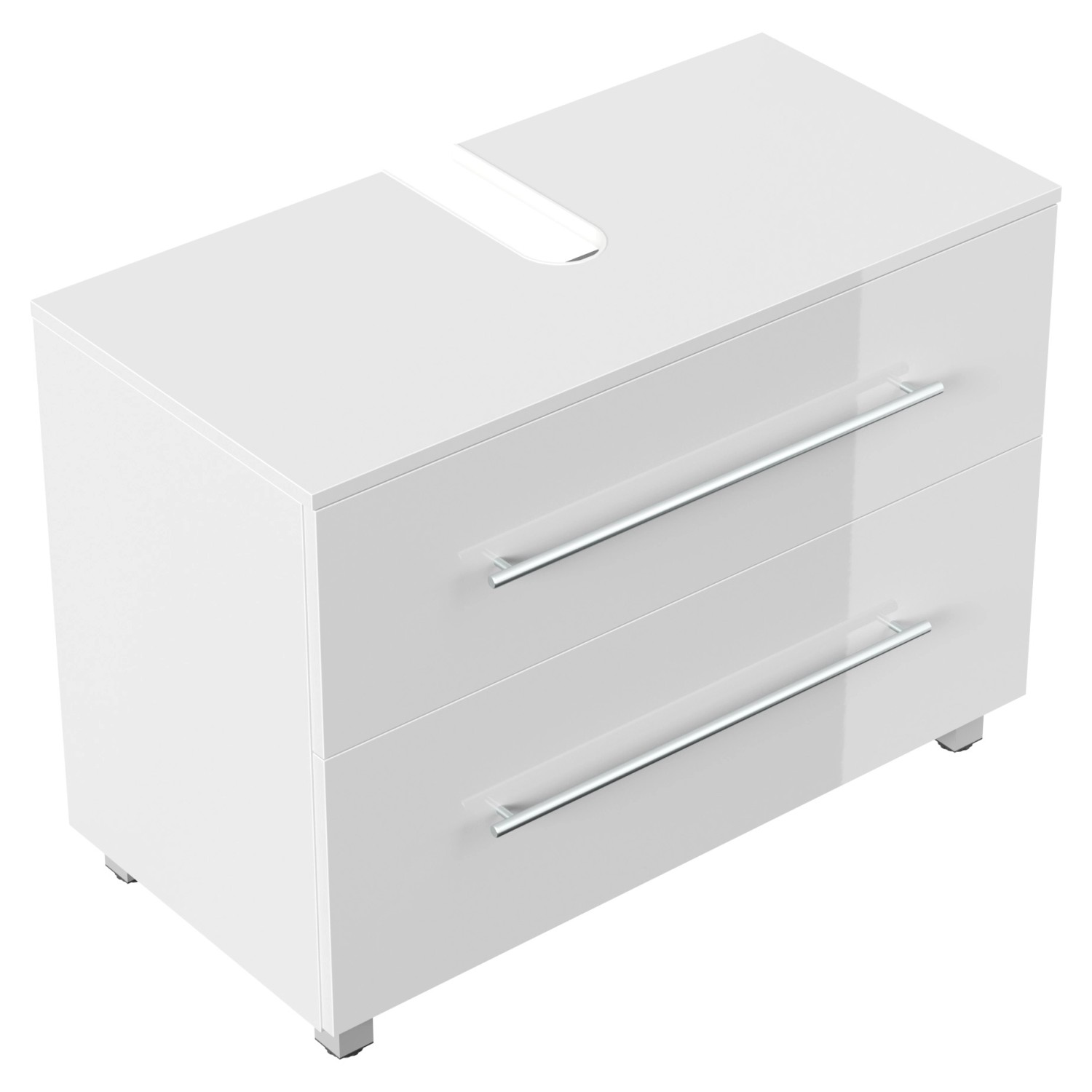 Posseik Mondial Waschbeckenunterschrank, 85 cm, weiß hochglanz mit zwei Schubladen und Füßen.