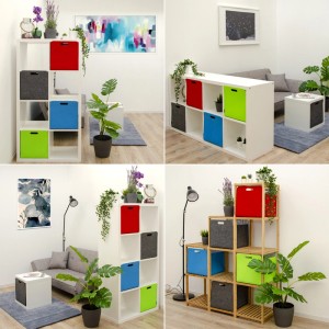 DuneDesign Aufbewahrungsbox Cube 2er Set in Apfelgrün, Rot, Blau und Grau im Regal.
