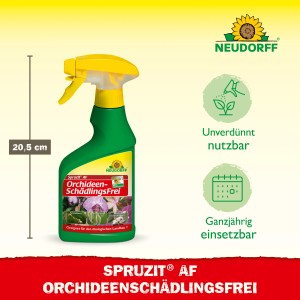 Neudorff Spruzit AF Orchideen Schädlingsfrei 250ml im grünen Sprühflasche mit gelben Sprühkopf.