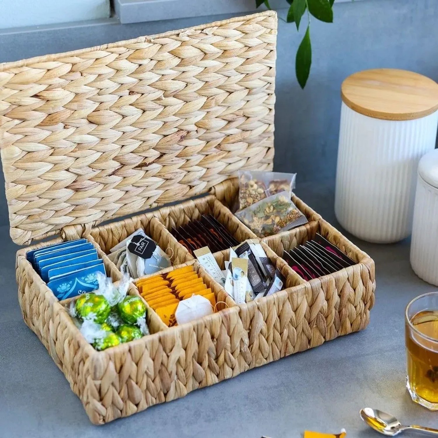 HMF 37290-33CM Teebox Teebeutel Geflochten Wasserhyazinthe Tee Aufbewahrungsbox 8 Großen Fächern 33 x 21 x 10 cm_2