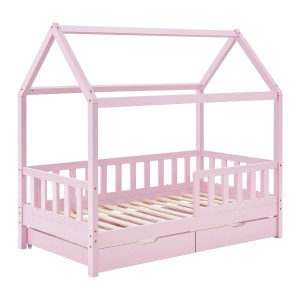Rosa Juskys Kinderbett Marli 80x160 mit Bettkasten und Lattenrost im Hausbett Design.