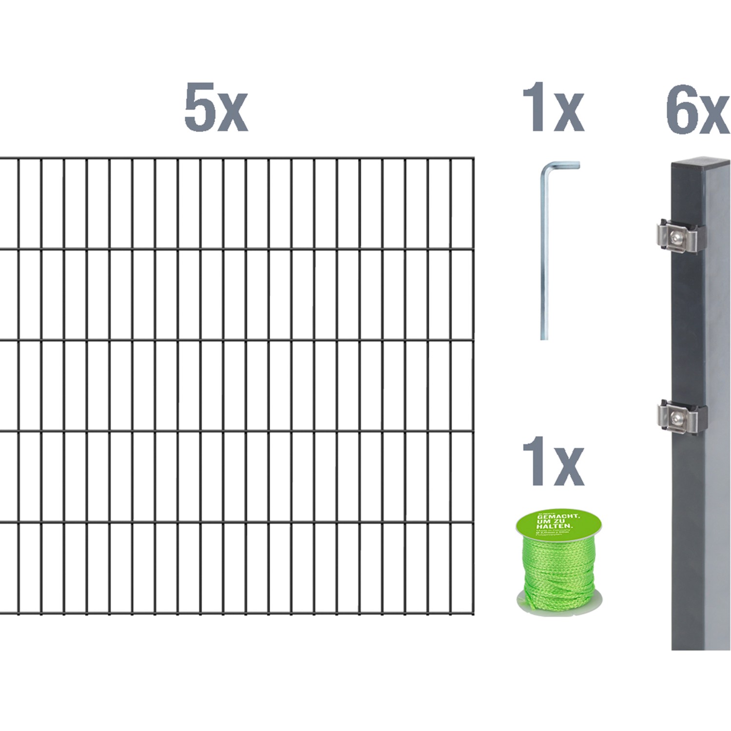 Metallzaun-Set: Doppelstabmatten, Pfosten, Zubehör. Anthrazit, zum Einbetonieren.