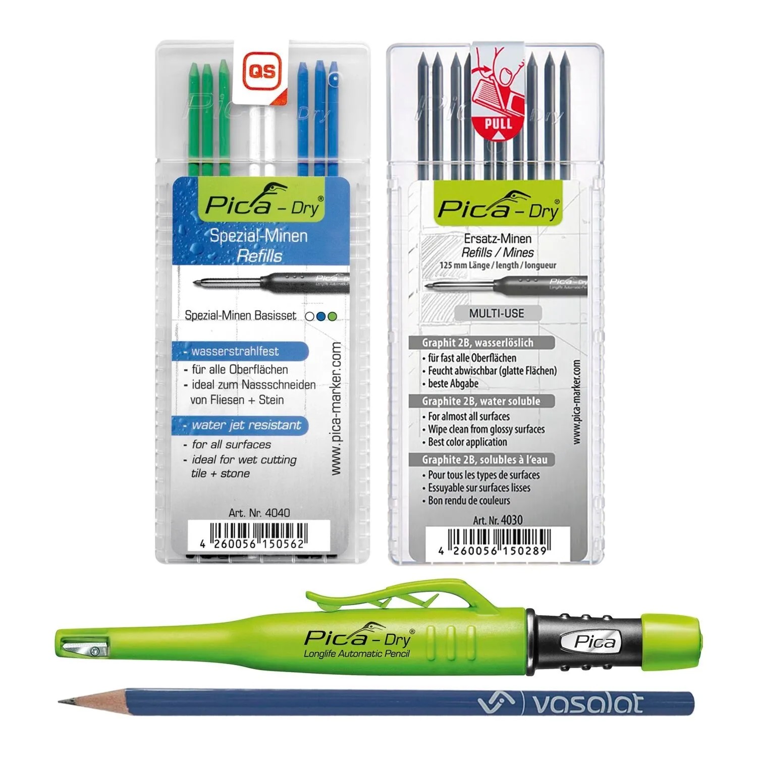 vasalat Set Pica Dry Marker-Set mit 10 Minen Graphit 2B & 8 Minen Blau Weiß Grün