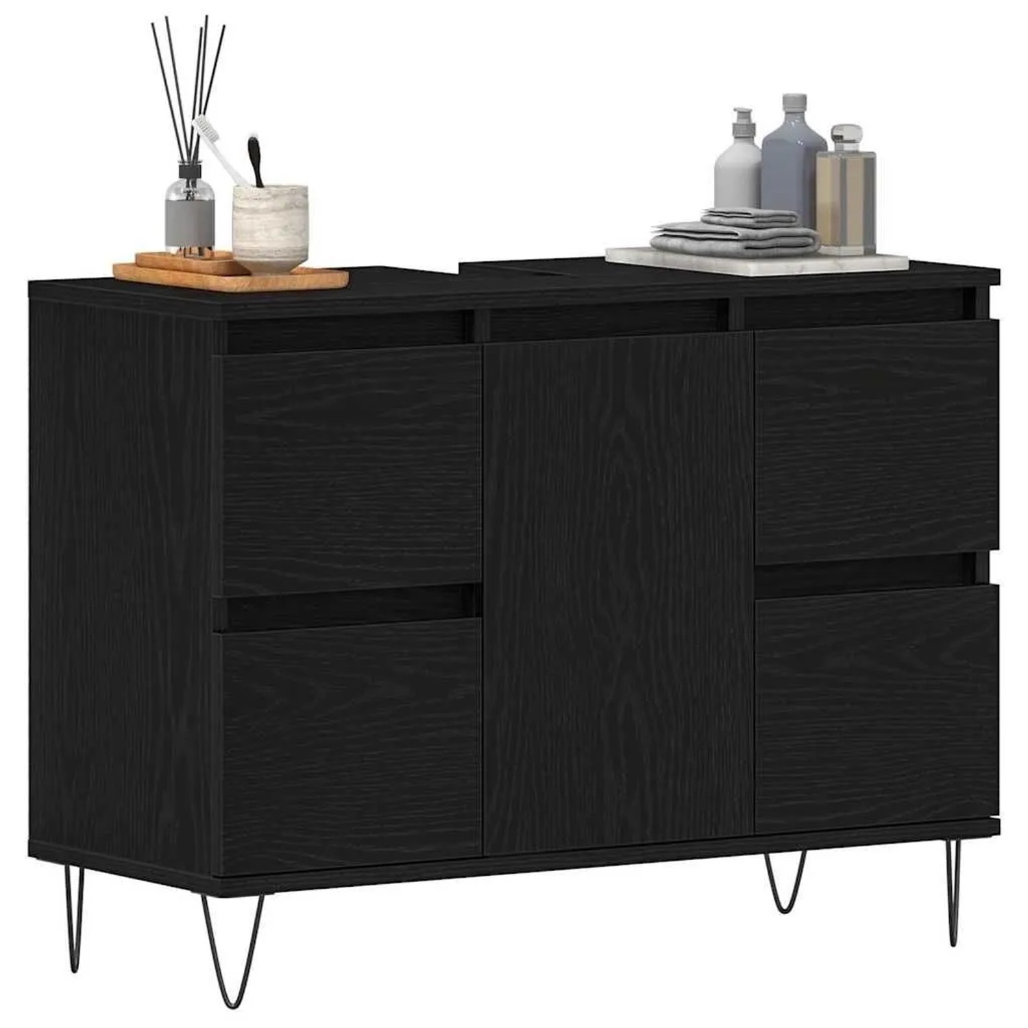 vidaXL Waschbeckenschrank in Schwarz Eichen-Optik mit Tür und Haarnadelbeinen.