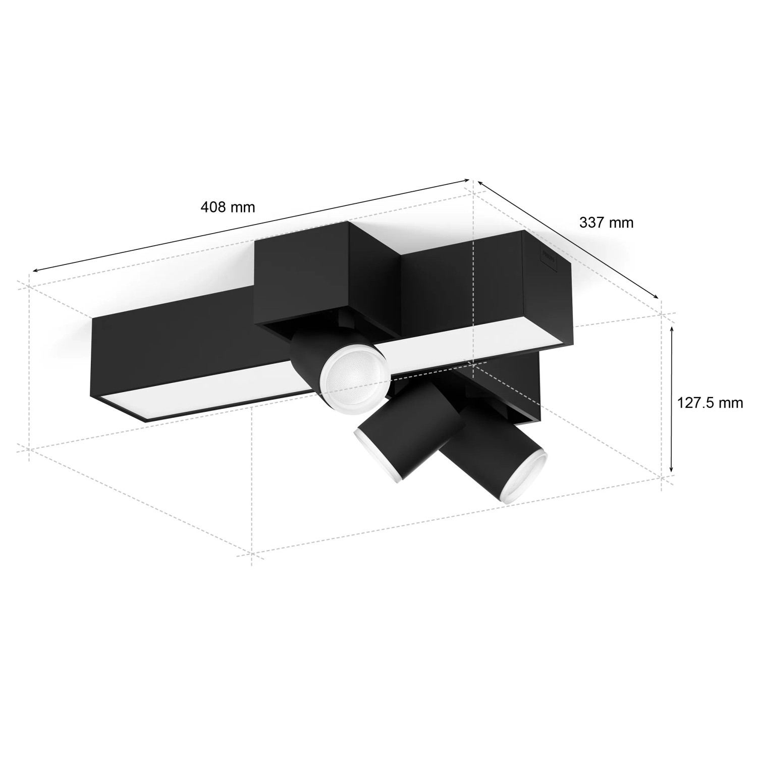 Philips Hue Centris Cross LED-Deckenleuchte mit 3 Spots, schwarz, mit Maßangaben.