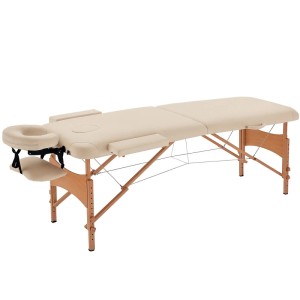 Cremeweißer, faltbarer Massagetisch aus Buchenholz mit verstellbarer Kopfstütze und Armlehnen.
