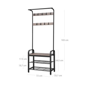 Vasagle Garderobenständer in Grau-Schwarz mit Metallrahmen, Kleiderstange, Hocker und Schuhregal.