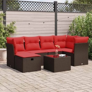 Braune 7-tlg. vidaXL Garten-Sofagarnitur aus Rattan mit roten Kissen für Terrasse und Garten.