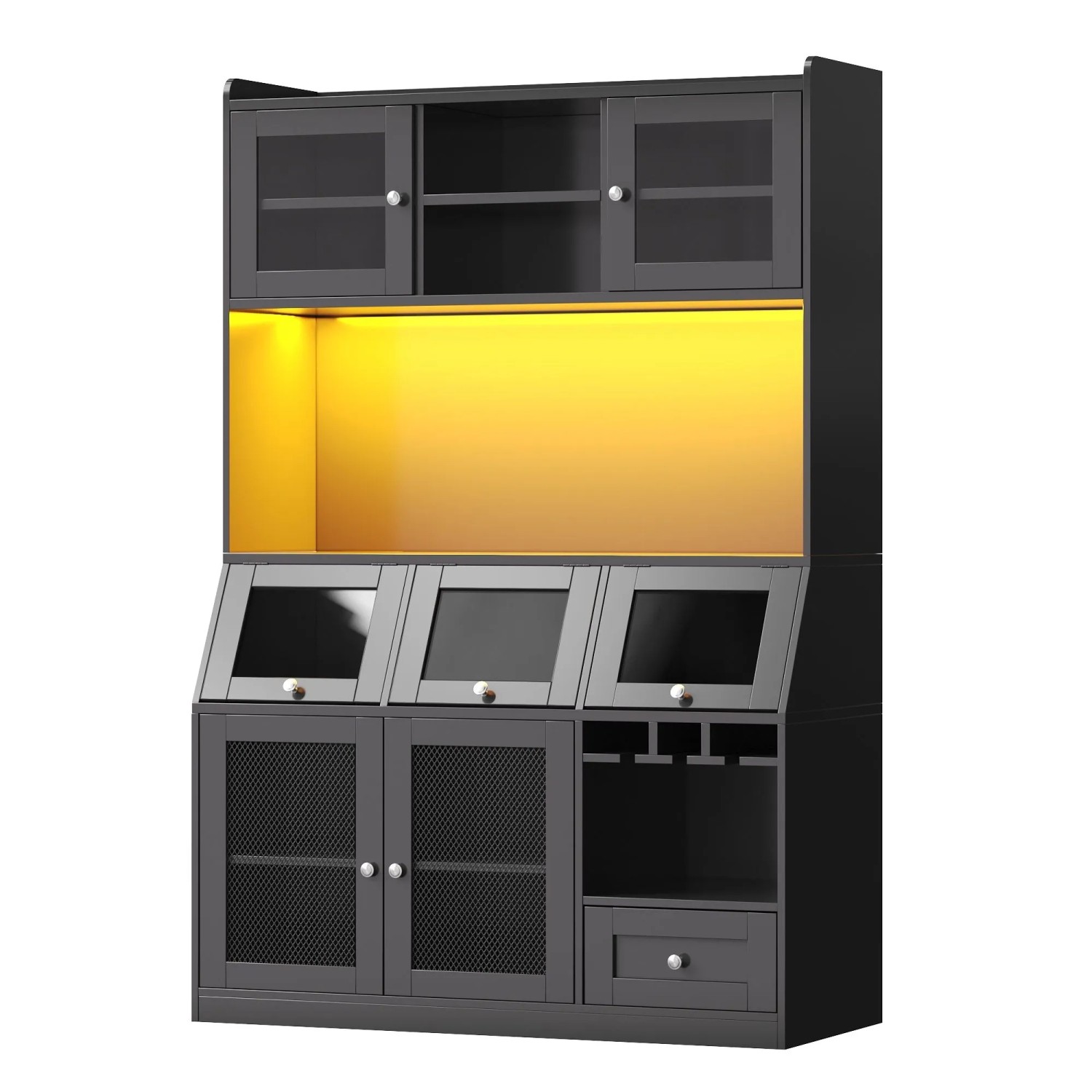 okwish Küchenschrank mit USB Anschluss Glastüren LED Beleuchtung 120x40x181cm Schwarz
