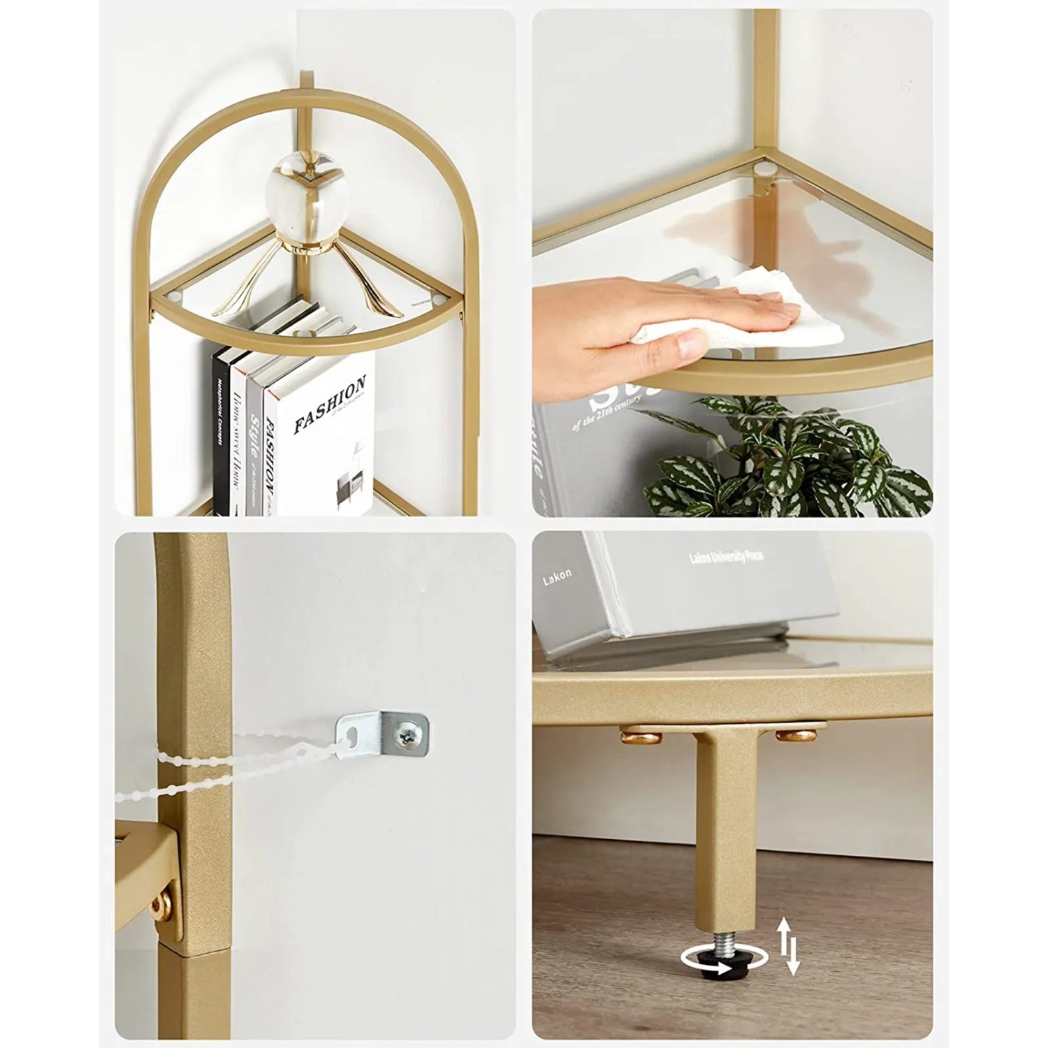 Vasagle Eckregal mit 5 Ebenen aus Hartglas und goldenem Rahmen, Details.