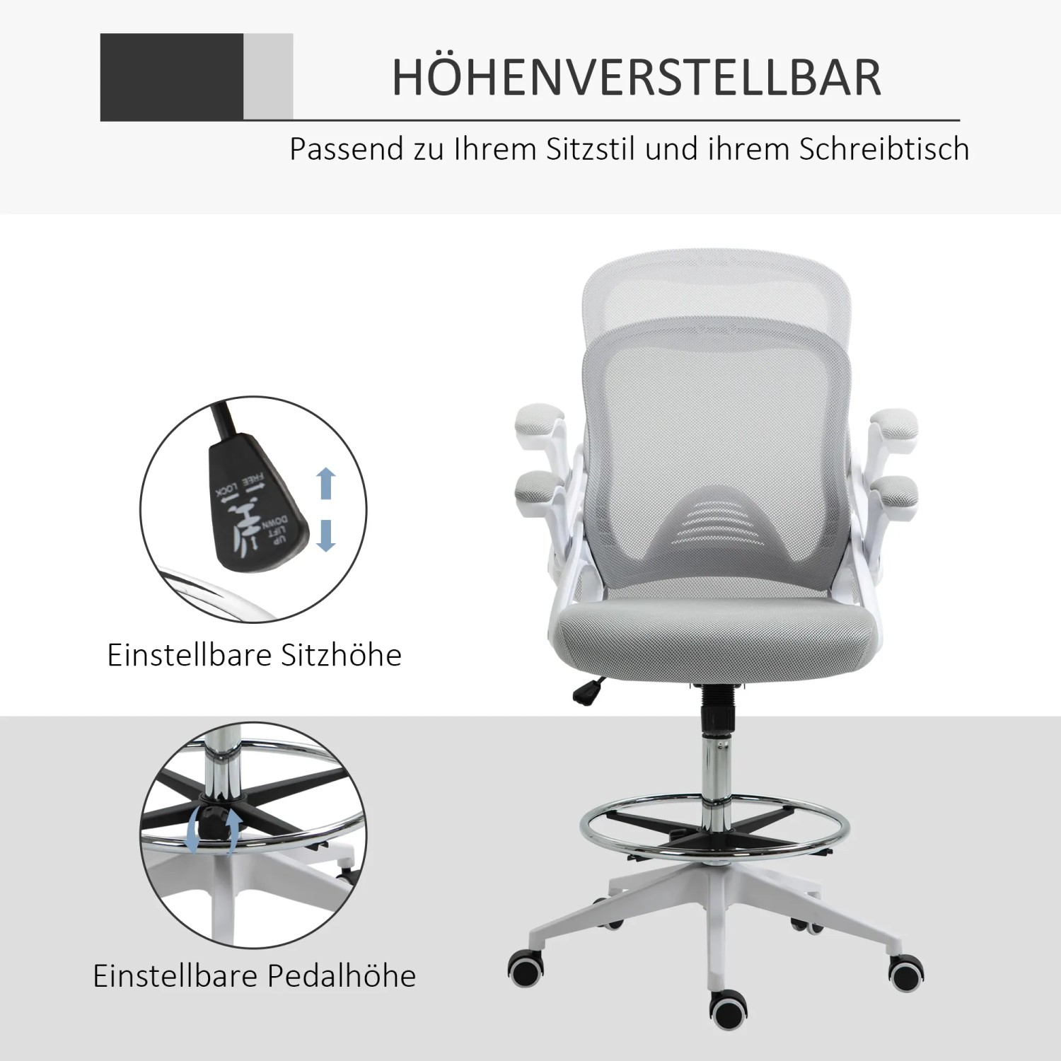 Hellgrauer Vinsetto Bürostuhl mit Netzrücken, verstellbarer Sitz- und Pedalhöhe für ergonomisches Sitzen.