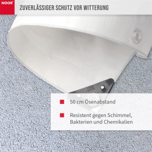 Weiße Noor Abdeckplane Super, 2x2 m, 200 g/m², mit Ösen und verstärkten Ecken.