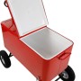 Roter Axi Bollerwagen mit Kühlbox (76 l), Deckel geöffnet, Räder für einfachen Transport.