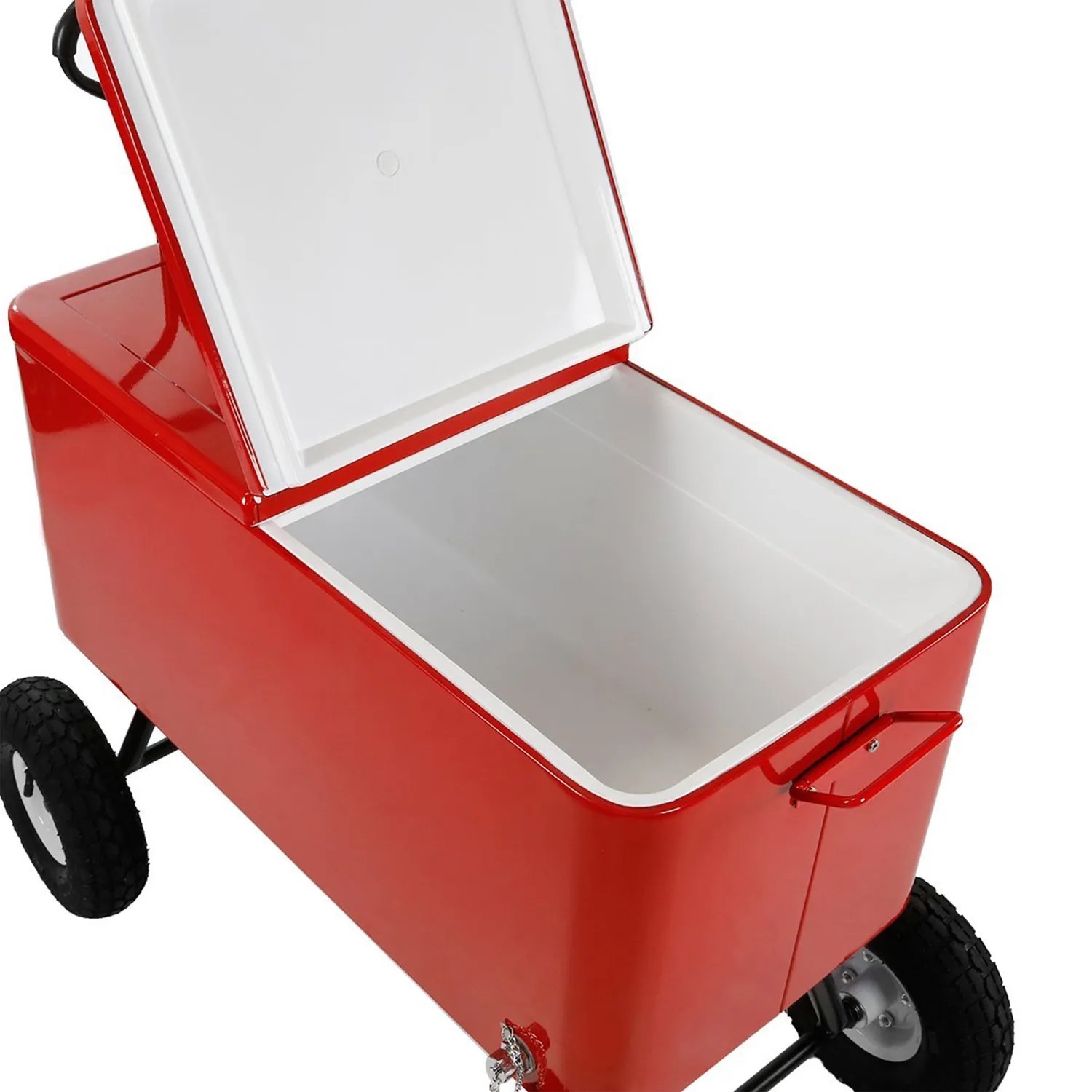 Roter Axi Bollerwagen mit Kühlbox (76 l), Deckel geöffnet, Räder für einfachen Transport.