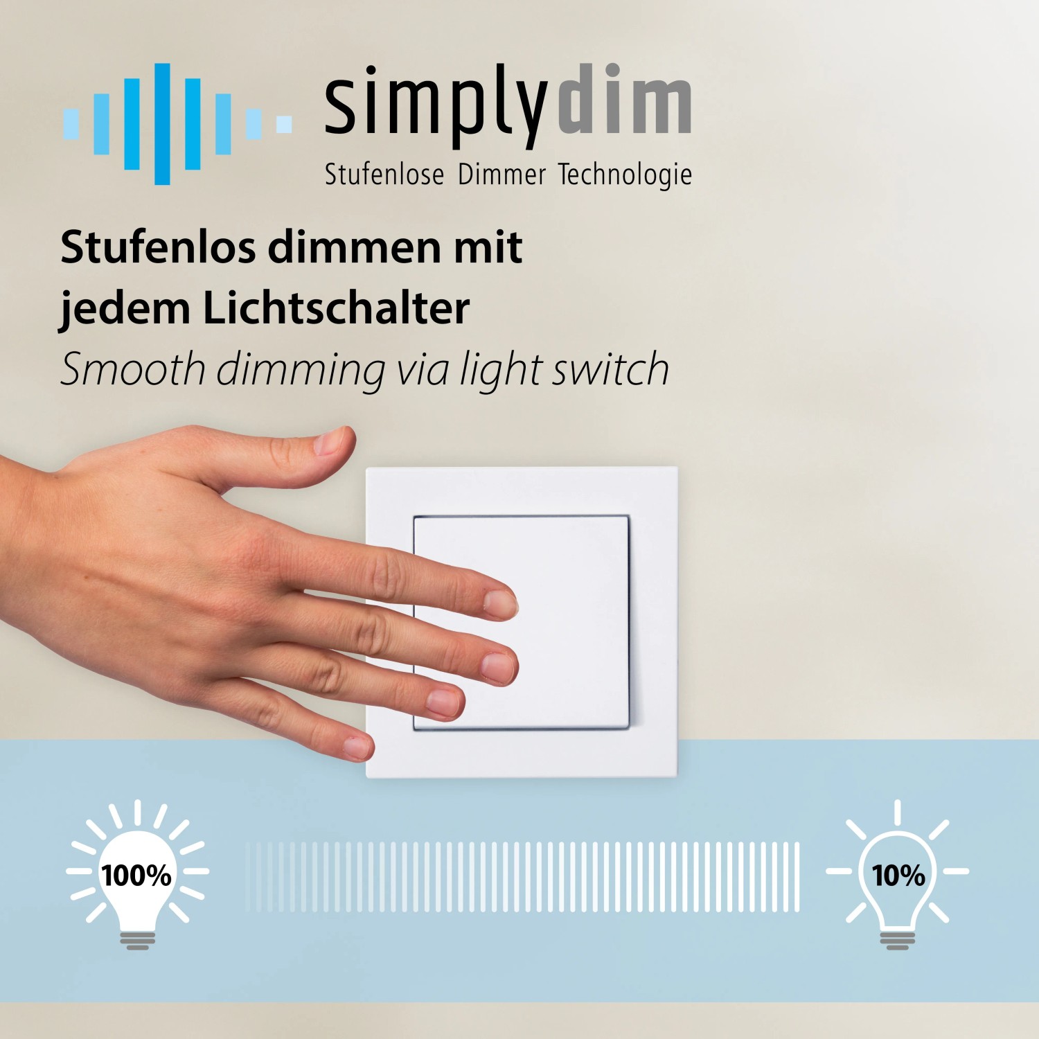 Hand betätigt weißen Lichtschalter mit Dimmfunktion. Stufenloses Dimmen mit jedem Lichtschalter.