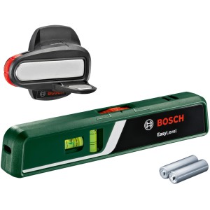 Bosch EasyLevel Laser-Wasserwaage mit Wandhalterung und Batterien.