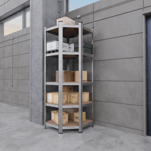 Eck-Schwerlastregal mit 5 Ablagen, Stahlgestell, belastbar bis 875 kg, ideal für Keller und Lager.