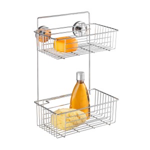 Wenko Vacuum-Loc Wandregal Bari mit 2 Chrom-Etagen und Badutensilien.