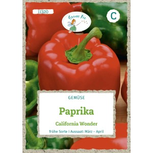 Paprika California Wonder Saatgut: Grüne und rote Gemüsepaprika auf der Verpackung.