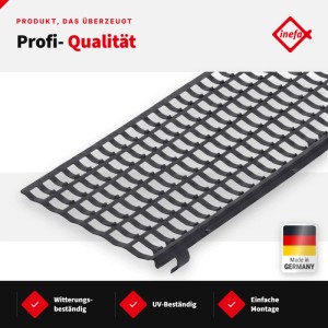 Schwarzer Inefa Laubfangstreifen aus Polypropylen mit Gittermuster. Witterungs- & UV-beständiger Dachrinnen Laubschutz, 30x100cm.