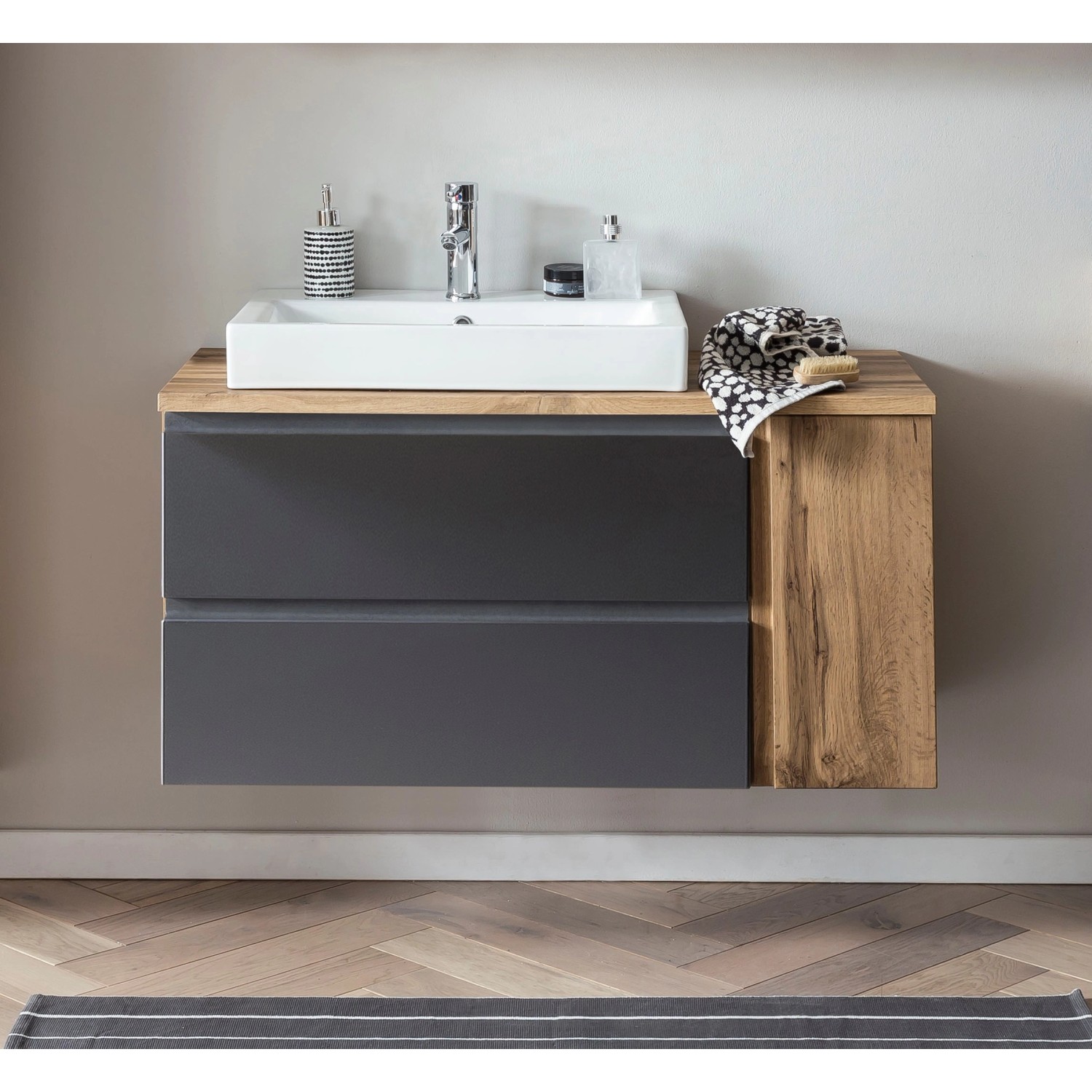 Moderner Held Möbel Waschtisch Ancona, 105 cm, in Grau-Wotaneiche mit Becken links. Badmöbel-Set mit zwei Schubladen.