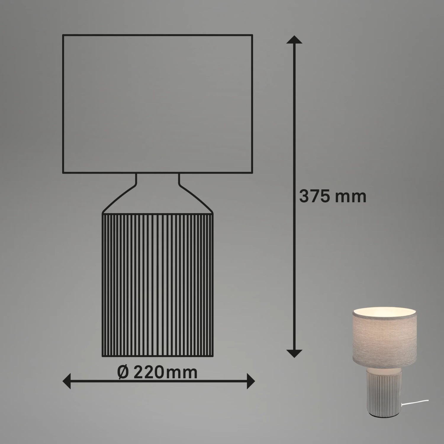 Brilo Tischleuchte Ino, graue Keramik, Ø 22cm, mit Maßangaben. Design-Tischlampe für gemütliches Licht.
