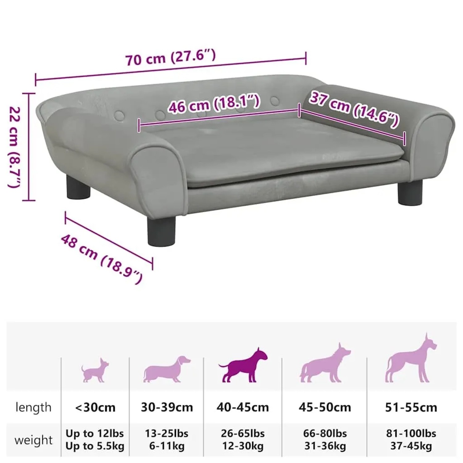 Hellgraues Samt Hundebett in Sofa-Form, 70x48x22 cm, mit Maßen und Größentabelle für Hunde.