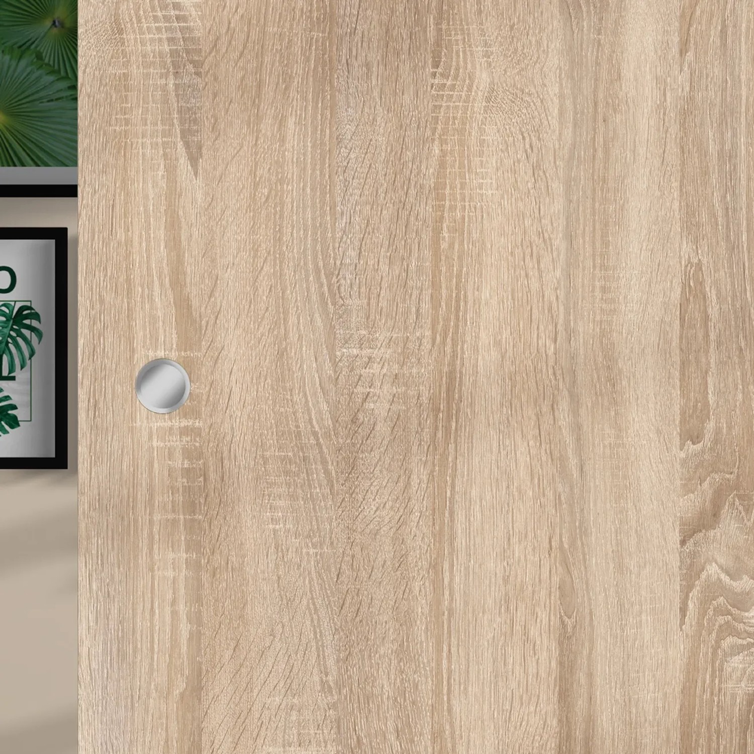 Holzschiebetür in Eiche geplankt mit Griffloch, Melamindekor, 2060x940 mm.