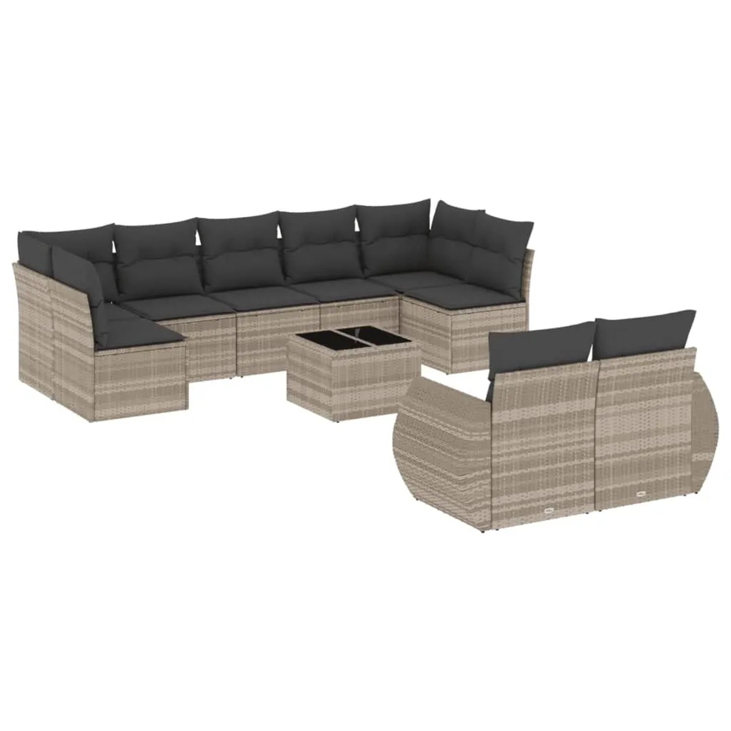 vidaXL 10-Tlg Garten-Sofagarnitur mit Kissen Hellgrau Poly Rattan 3221831