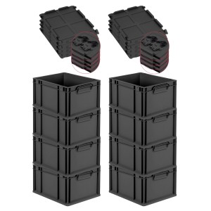 PROREGAL SuperSparSet: 8 schwarze Euroboxen mit Deckel, 20 Liter, für Lagerung und Transport.