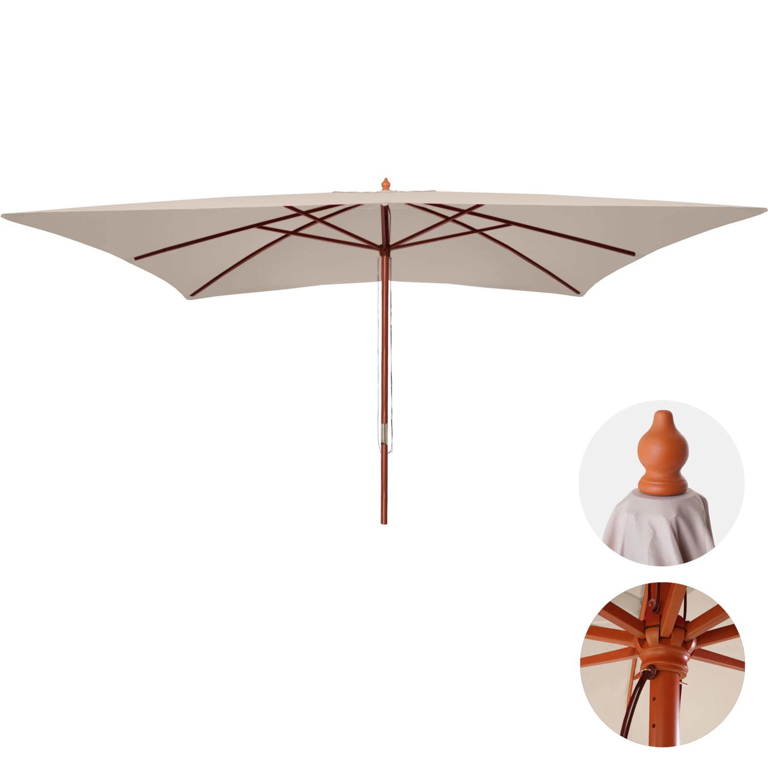 MCW Sonnenschirm Lissabon 3x4m in Creme mit Holzgestell und Seilzug-Öffnung.